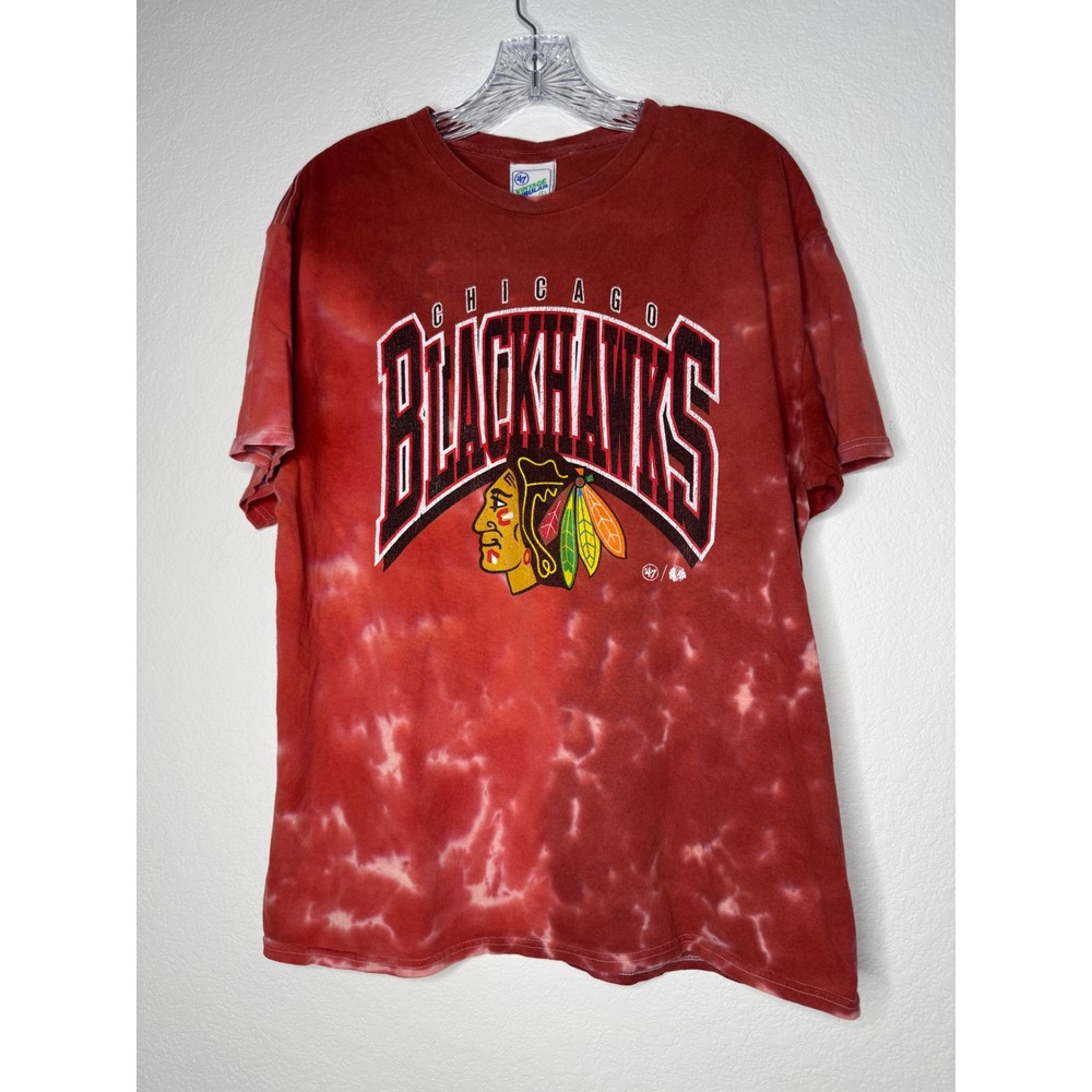 47 Brand Chicago Blackhawks NHL Tie Dye Graphic T-Shirt Mens Large Red Vintage